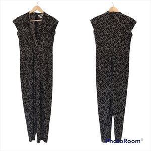 VINTAGE 80s‎ 90s Jumpsuit Short Sleeve Bow Tie Print V-Neck Tapered Leg Black